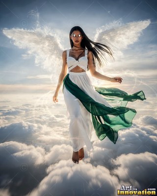 Hovering above white clouds, a woman with wings wears a white dress with green cloth