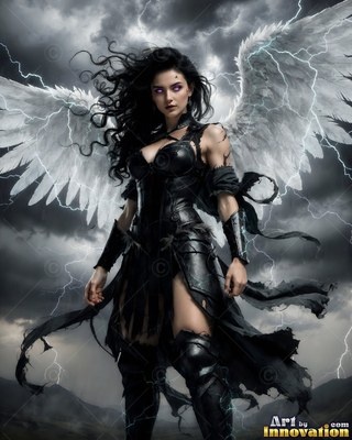 A dark-haired winged woman in black armor stands under lightning in a storm