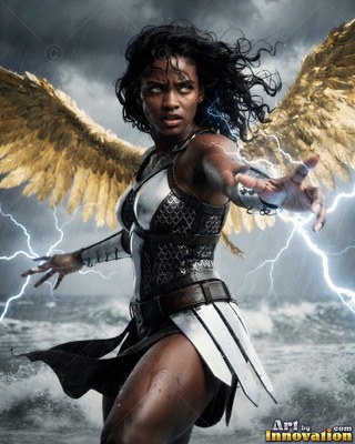Over a stormy sea, a winged Black woman in silver armor shoots lightning from her hand