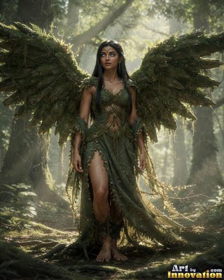 A woman in a mossy green dress with leafy wings stands barefoot in a sunlit forest