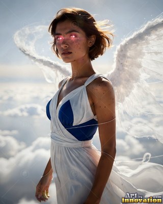 A feather-winged woman stands above white clouds with bright pink light in her eyes