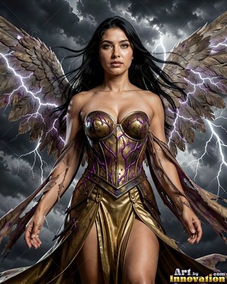 Under dark storm clouds and lightning, a winged woman stands in bronze armor
