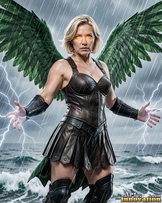 Hovering over rainy seas, a winged woman in dark armor holds sparks of lightning