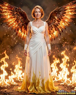 Woman in a pale dress with fiery wings standing over flames