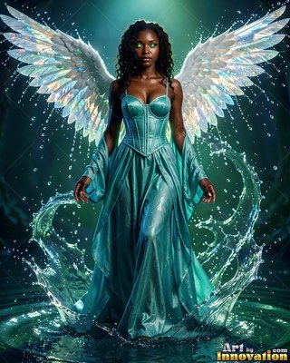 A woman in a blue satin corset dress stands with shiny wings in splashing water