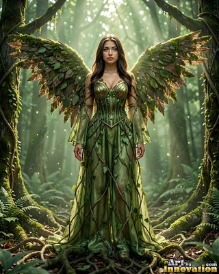 A woman with leafy wings stands in a green forest as soft sunlight filters down