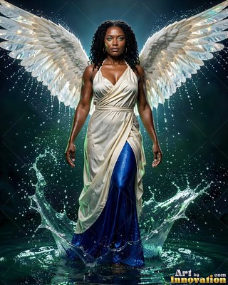 A winged woman steps through splashing dark water under pale shining light