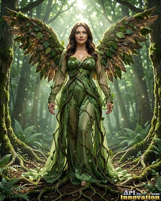 Standing front in a green forest, a woman with wings wears a mossy vine dress