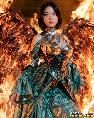 A woman with burning wings in a metallic gown before fire