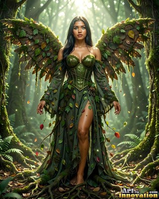 A woman with bark and leaf wings stands on tree roots under pale green light