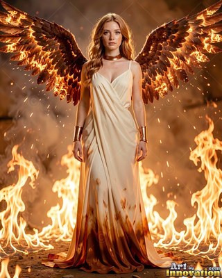 Standing in bright flames, a woman with wings wears a long cream dress edged in fire