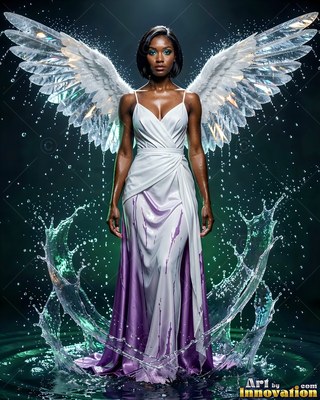 Woman with glass wings standing in churning water