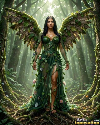 Leaf-covered wings spread from a barefoot woman in a green gown in a forest pathway