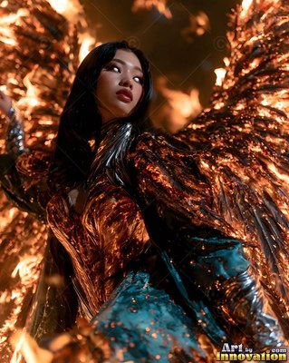 A woman with black hair looks up as bright fiery wings spread behind her