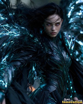In a dark storm, a woman with wings made of bright blue lightning looks forward