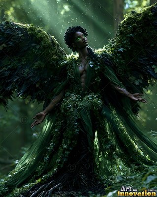 Standing with open arms, a winged Black woman wears a mossy green dress in forest light