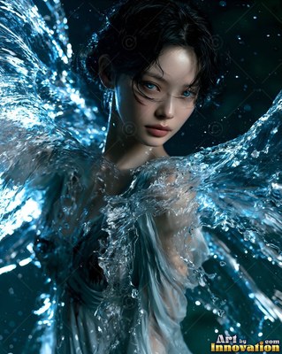 Woman with blue eyes and wings made of water churning