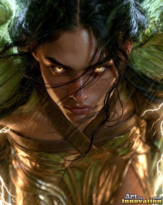 Golden-eyed woman with windblown black hair leans forward into a dark lightning storm