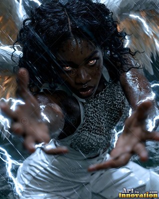 A winged woman reaches her hands forward in the rain as white lightning flashes around her