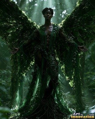 Standing with open arms in a dim forest, a woman grows wings made of moss and vines