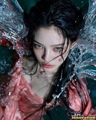 A dark-haired woman in a pink dress looks up with wings of water splashing