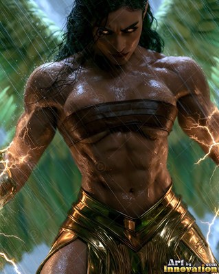 In the pouring rain, a muscular woman with wings stands charged with lightning