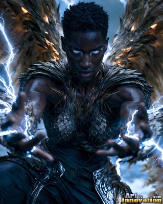 Reaching forward with lightning in her hands, a winged Black woman stares ahead with bright eyes