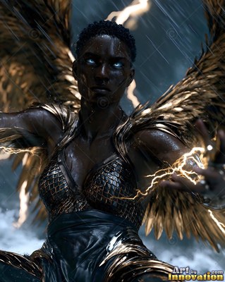 A winged Black woman casts lightning in the rain