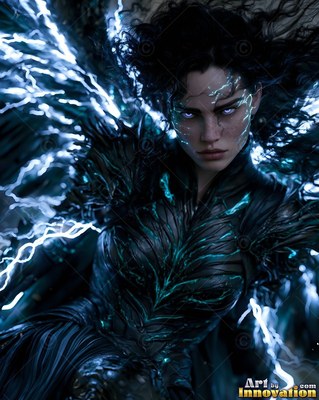 Blue veins on her face, a dark-haired woman wears black armor surrounded by lightning flashes