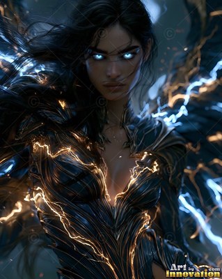 A dark-winged woman looks forward as bright lightning flashes across her armor