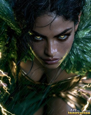 A dark-haired woman with yellow eyes and green feathers glares forward in green lightning