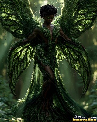 A dark-skinned woman with leafy green wings stands in a sunlit forest