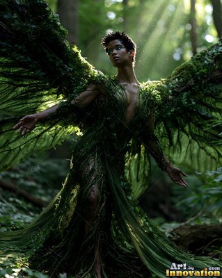 In a sunlit forest, a woman stands with large wings made of green moss