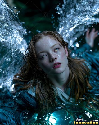 Floating in dark water, a red-haired woman looks up with wings of churning water