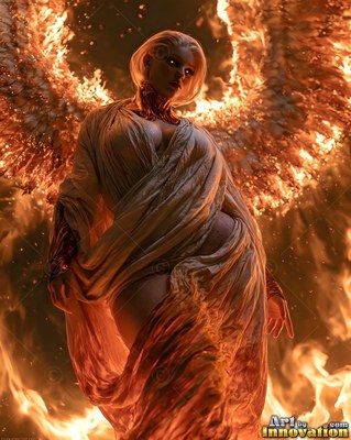 Woman with burning wings in a white draped gown