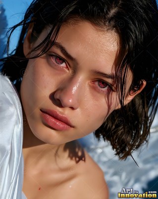 Dark wet hair frames the face of a woman lying under bright sunlight on white silk