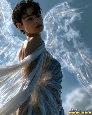 A woman with short dark hair turns back with wings of pale smoke under a blue sky