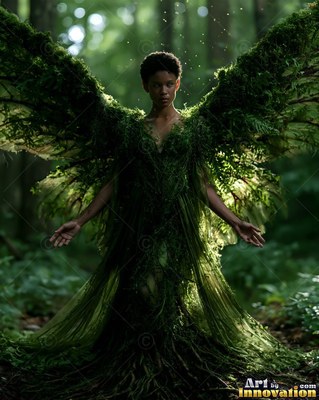 Standing in a dim forest, a woman spreads wings made of green moss