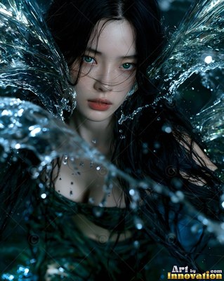 A pale woman with dark wet hair has large wings made of splashing water