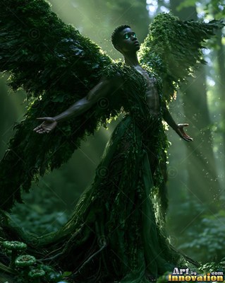 Standing with open arms, a dark-skinned woman with leafy green wings looks up in the woods