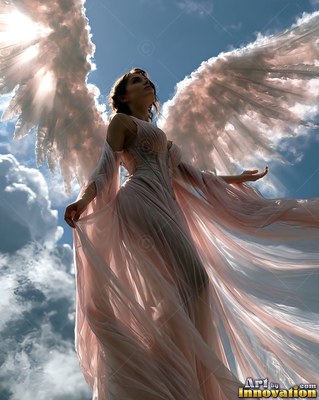 Woman in a flowing pink dress with cloud wings in the sky