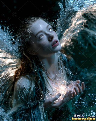 Wet hair frames a woman gazing up while dark water splashes around her hands