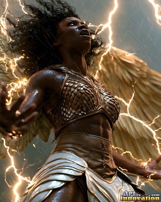 A woman with wings in armor yells in the rain as bright lightning arcs around her skin