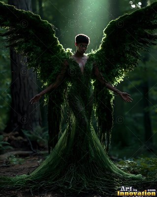 Standing full length in a dark forest, a feather-winged woman wears a mossy green gown