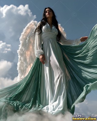 A woman with wings in a flowing teal dress stands high up in the blue sky