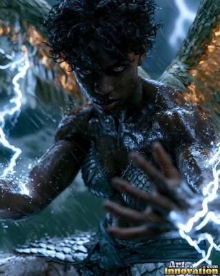 In a dark thunderstorm, a winged woman in scale armor holds bright lightning