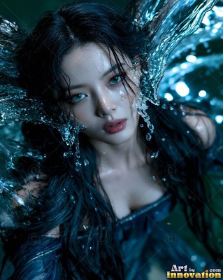 Surrounded by splashing clear water, a dark-haired woman looks up with blue eyes