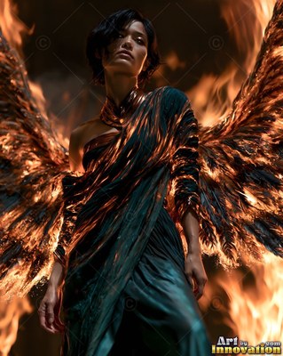 A woman in a dark dress with burning feathered wings