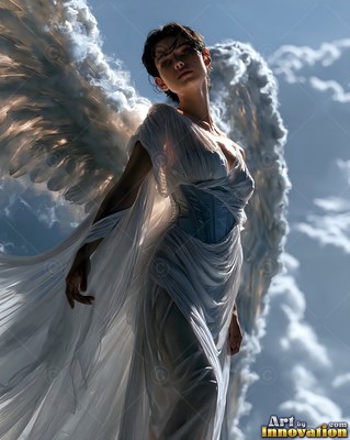 Dressed in a flowing white gown, a woman with wings looks up into a bright blue sky with white clouds