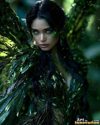 A woman wearing green moss and bark gazes forward under soft forest light